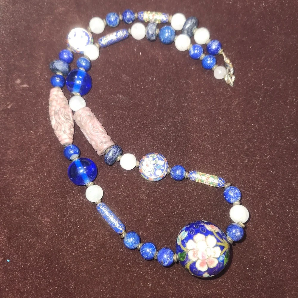 Vintage Chinese Export Lapis‎ Lazuli Pink stone Cloisonne Enamel Bead Necklace